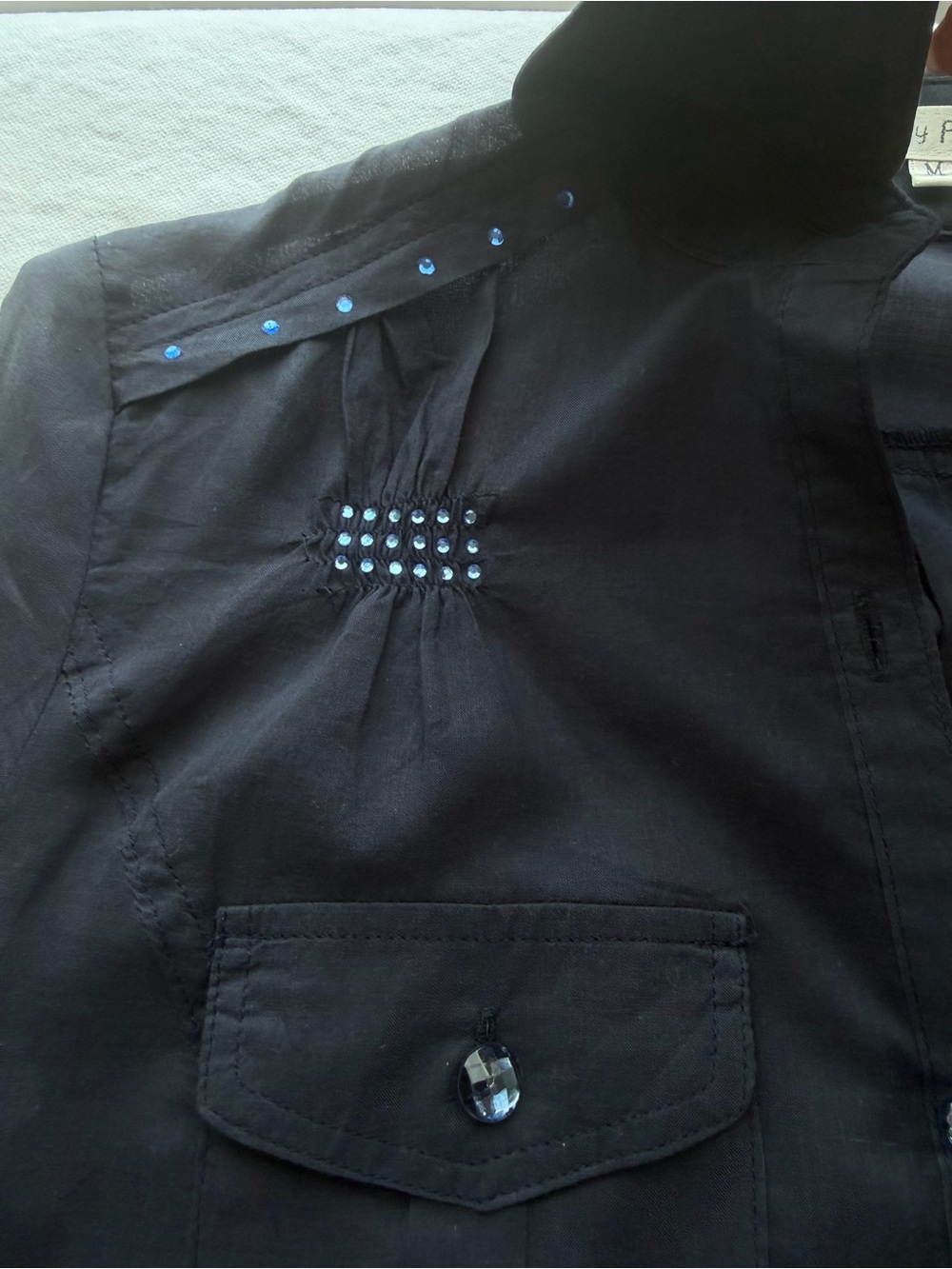 Lucy Paris Navy Rhinestone Ruched Button Up Shirt M Y2K - Picture 7 of 16